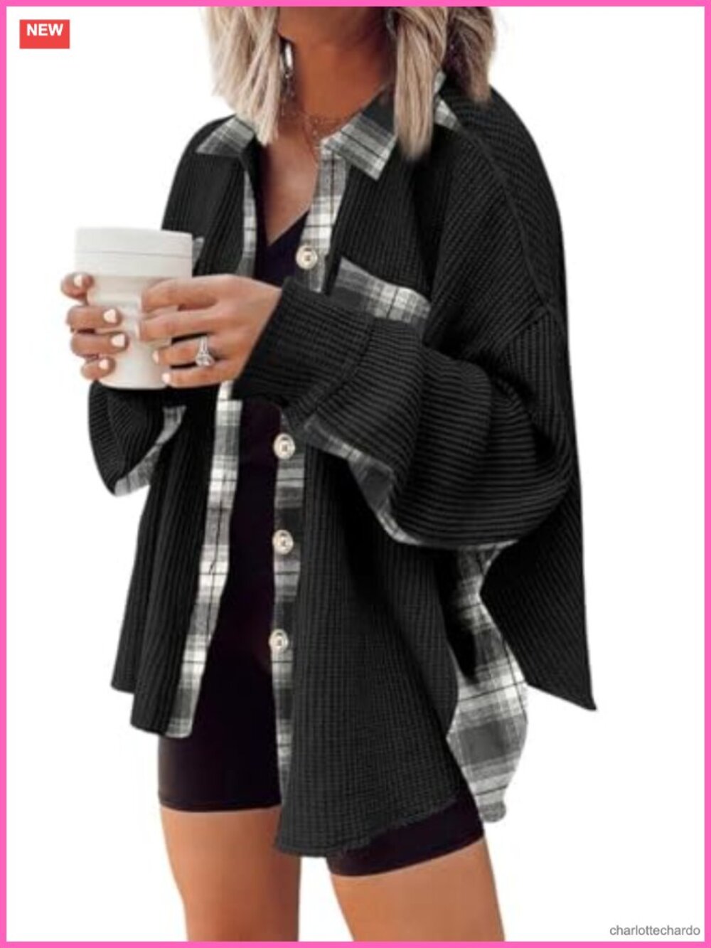 Waffle Knit Plaid Shacket Button Down Flannel Shirt Long Sleeve Tops